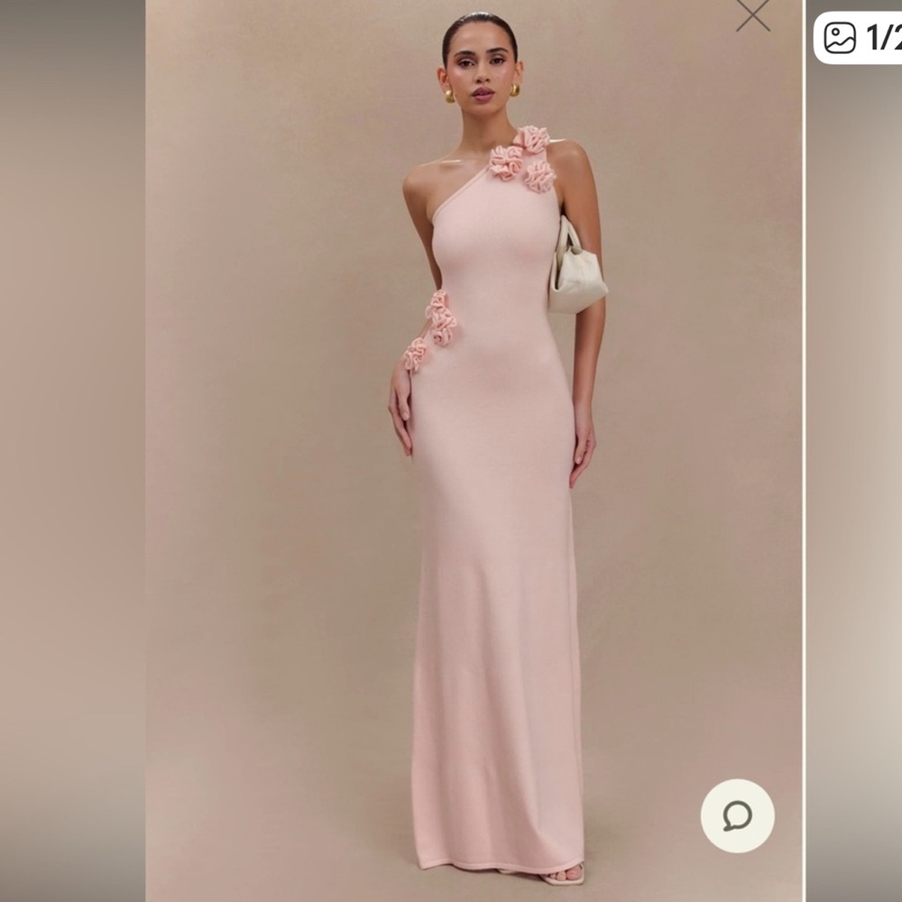 Meshki Blush One-Shoulder Maxi Dress with Floral Appliqué